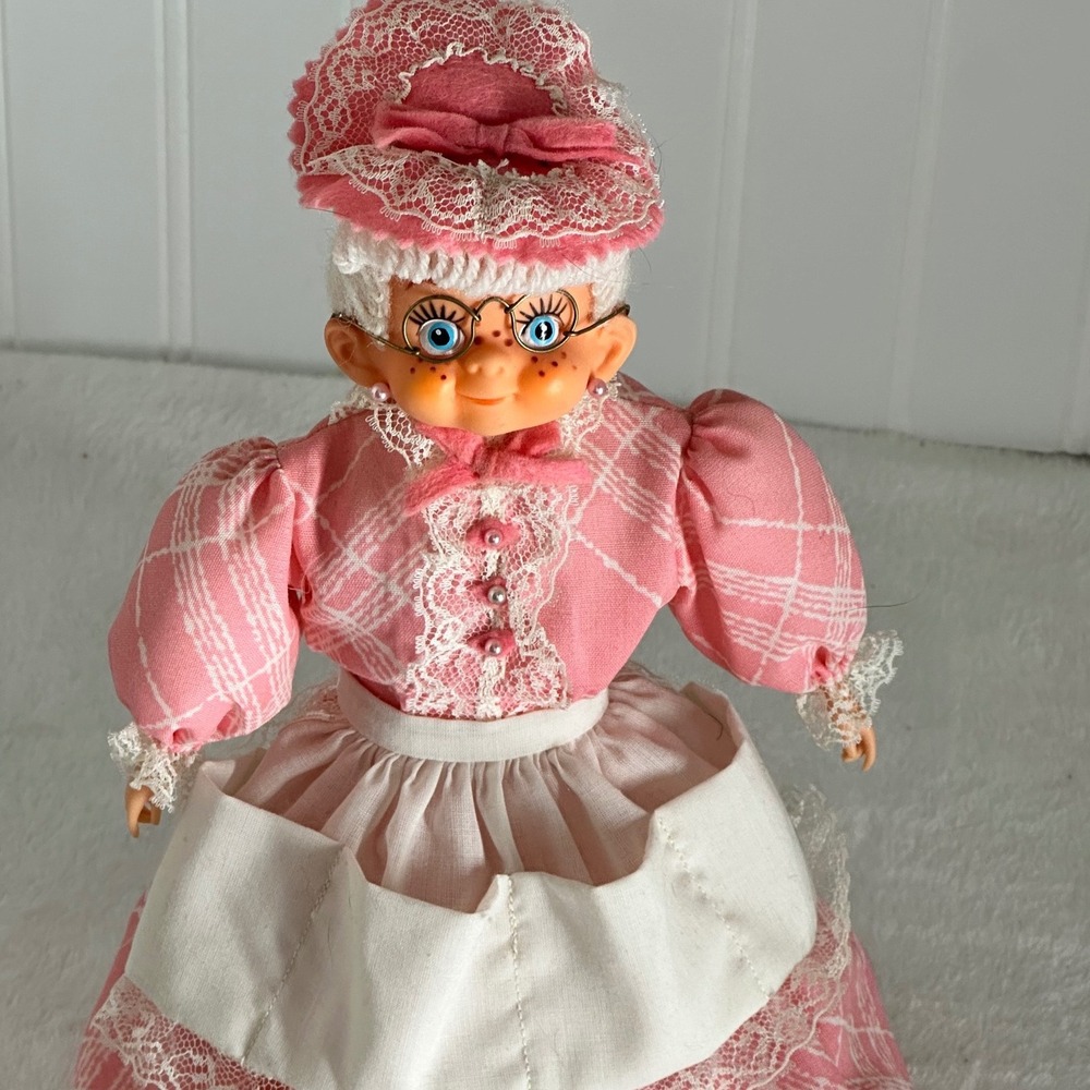 Vintage Grandmother Soap Bottle Doll Pink Plaid Dress Glasses 10.5" Excellent